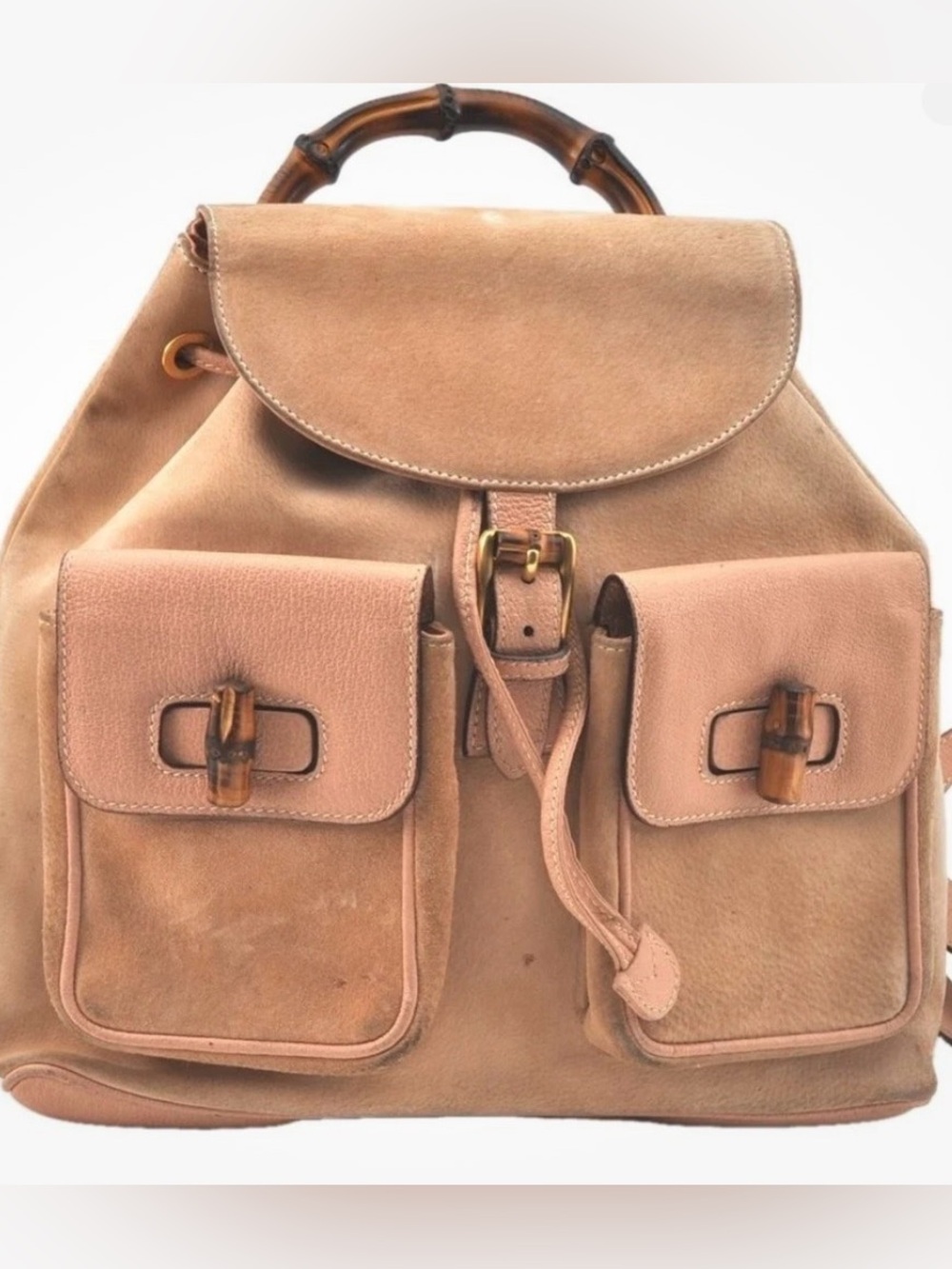 AUTHENTIC GUCCI Suede Bamboo-Handle Backpack Tote in Tan